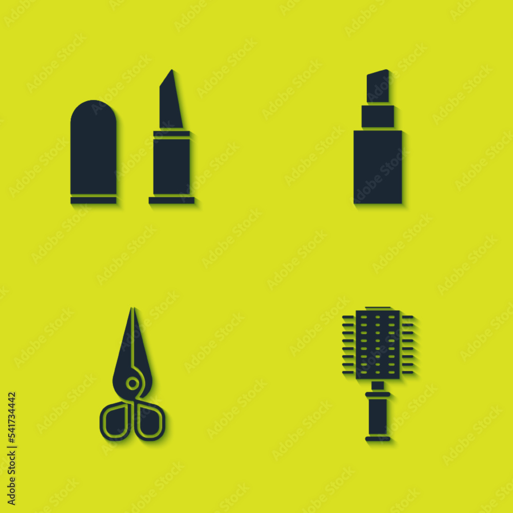Set Lipstick, Hairbrush, Scissors and icon. Vector Set Lipstick, Hairbrush, Scissors and icon. Vector