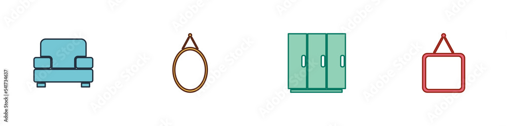 Set Armchair, Mirror, Wardrobe and icon. Vector Set Armchair, Mirror, Wardrobe and icon. Vector