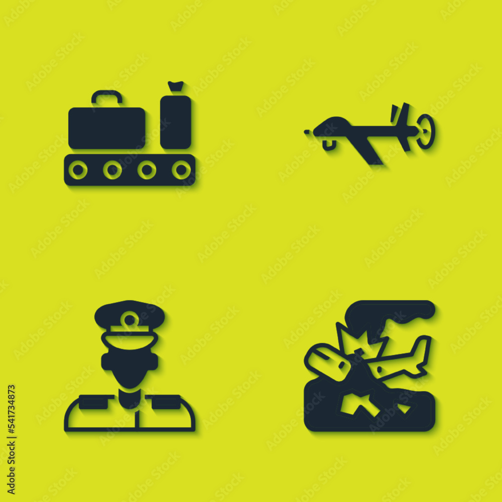 Set Conveyor belt with suitcase, Plane crash, Pilot and UAV Drone icon. Vector Set Conveyor belt with suitcase, Plane crash, Pilot and UAV Drone icon. Vector