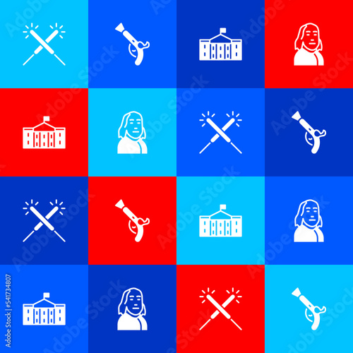 Set Sparkler firework, Vintage pistols, United States Capitol Congress and Benjamin Franklin icon. Vector