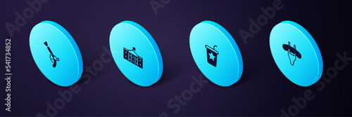 Set Isometric Sausage on the fork, Paper glass with straw, United States Capitol Congress and Vintage pistols icon. Vector