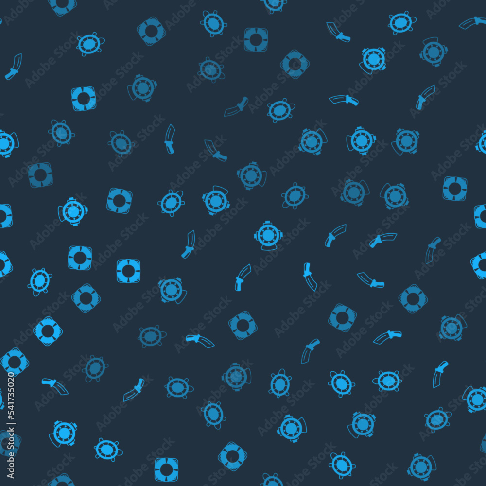 Set Turtle, Diving knife, Aqualung and Lifebuoy on seamless pattern. Vector Set Turtle, Diving knife, Aqualung and Lifebuoy on seamless pattern. Vector
