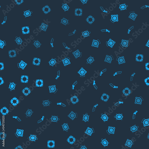Set Turtle, Diving knife, Aqualung and Lifebuoy on seamless pattern. Vector