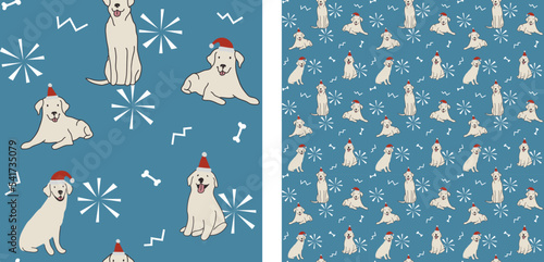 Seamless Labrador dog pattern, holiday texture. Square format, t-shirt, poster, packaging, textile, socks, textile, fabric, decoration, wrapping paper. Trendy hand-drawn dogs wallpaper.