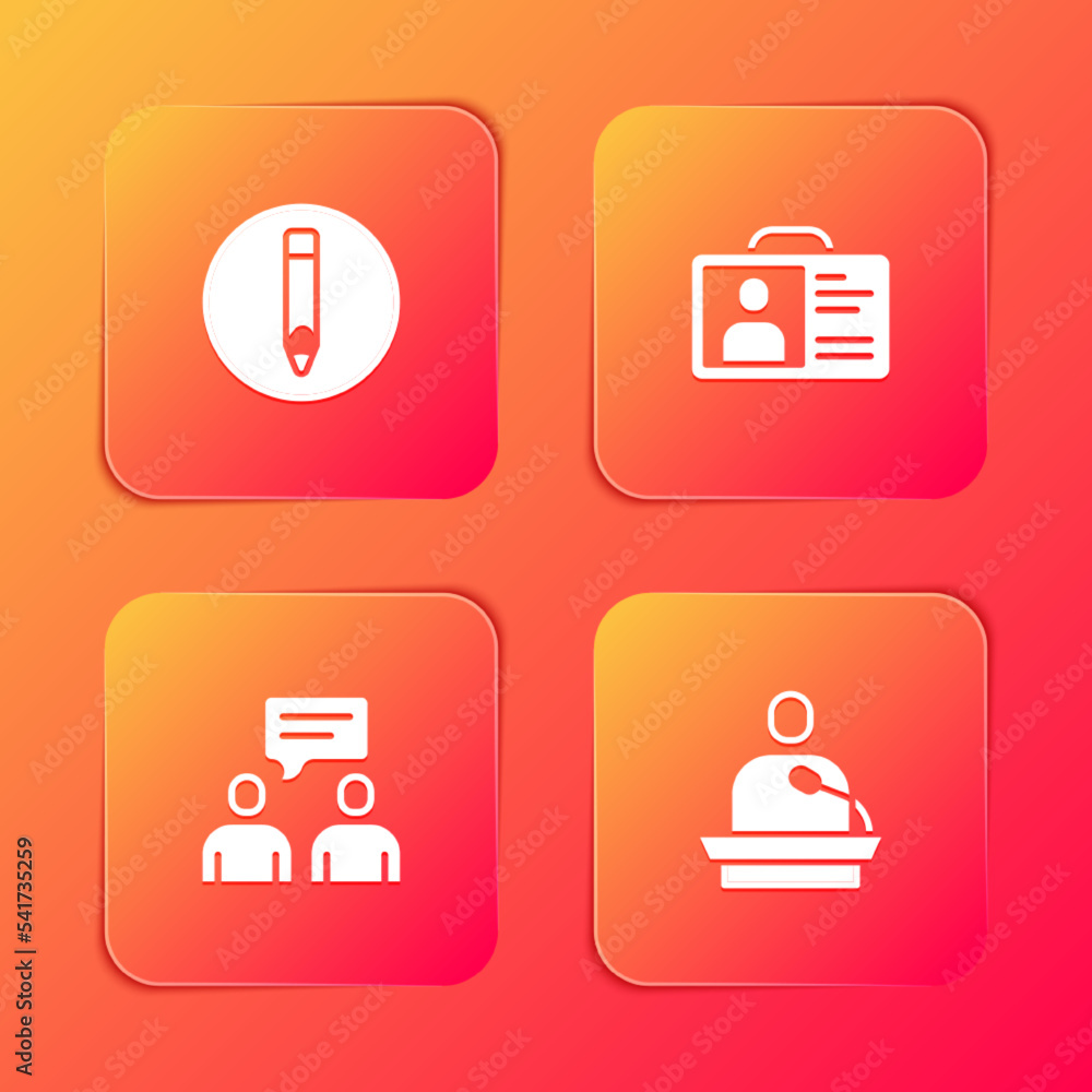 Set Pencil, Identification badge, Two sitting men talking and Gives lecture icon. Vector Set Pencil, Identification badge, Two sitting men talking and Gives lecture icon. Vector