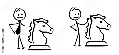 Strategy plan idea symbol. Drawing working, leader concept. cartoon stickman. Business stick figures man. Chess board game icon. Success concept 