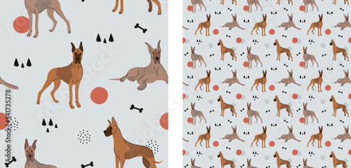 Seamless Great Dane dog pattern, holiday texture. Square format, t-shirt, poster, packaging, textile, socks, textile, fabric, decoration, wrapping paper. Trendy hand-drawn dogs wallpaper.