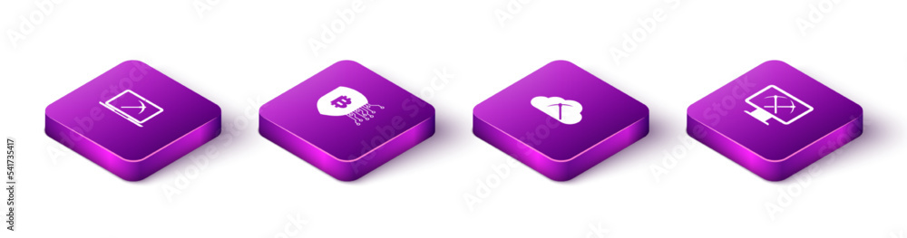 Set Isometric Mining with laptop and pickaxe, Shield bitcoin, Cryptocurrency cloud mining and monitor icon. Vector Set Isometric Mining with laptop and pickaxe, Shield bitcoin, Cryptocurrency cloud mining and monitor icon. Vector