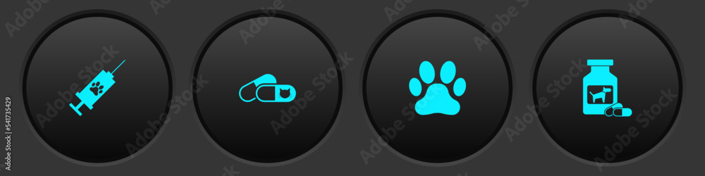 Set Syringe with pet vaccine, Cat and pills, Paw print and Dog medicine bottle icon. Vector Set Syringe with pet vaccine, Cat and pills, Paw print and Dog medicine bottle icon. Vector