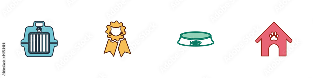 Set Pet carry case, Cat award symbol, food bowl and Dog house and paw print pet icon. Vector Set Pet carry case, Cat award symbol, food bowl and Dog house and paw print pet icon. Vector