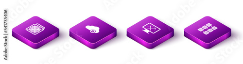 Set Isometric ASIC Miner, Cryptocurrency cloud mining, Mining with monitor and pickaxe and farm icon. Vector