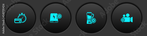 Set Fast payments, Power bank setting, Blender with bowl and Video camera icon. Vector