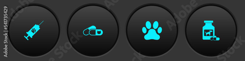 Set Syringe with pet vaccine, Cat and pills, Paw print and Dog medicine bottle icon. Vector