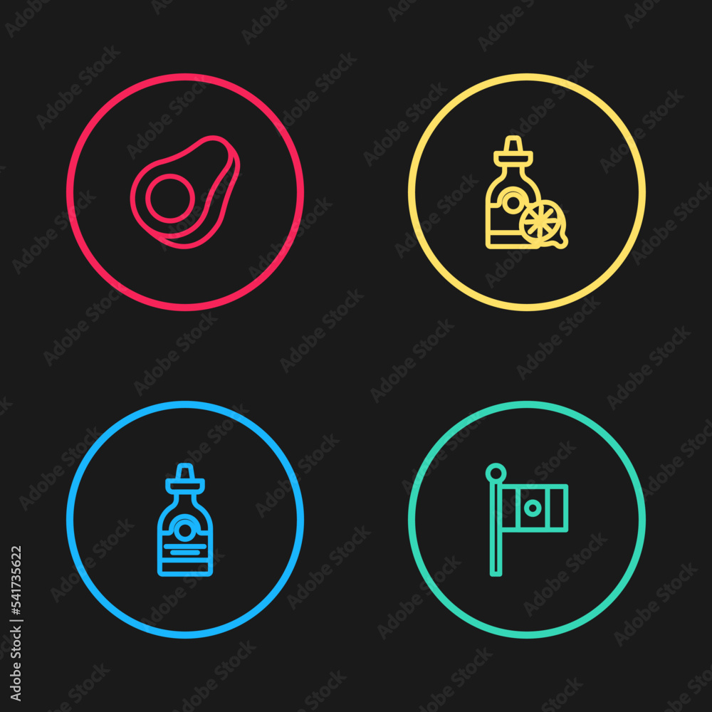 Set line Tequila bottle, Mexico flag, with lemon and Avocado fruit icon. Vector Set line Tequila bottle, Mexico flag, with lemon and Avocado fruit icon. Vector