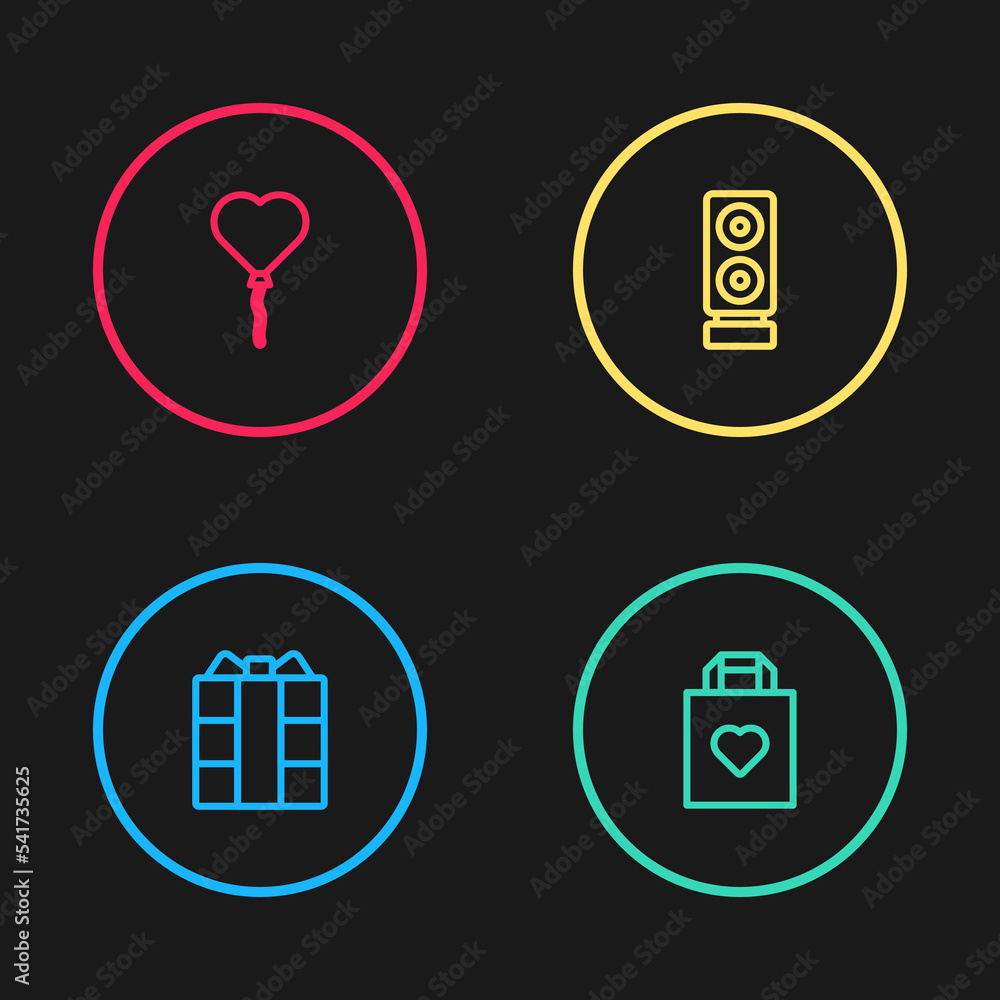 Set line Gift box, Shopping bag with heart, Stereo speaker and Balloons form of icon. Vector