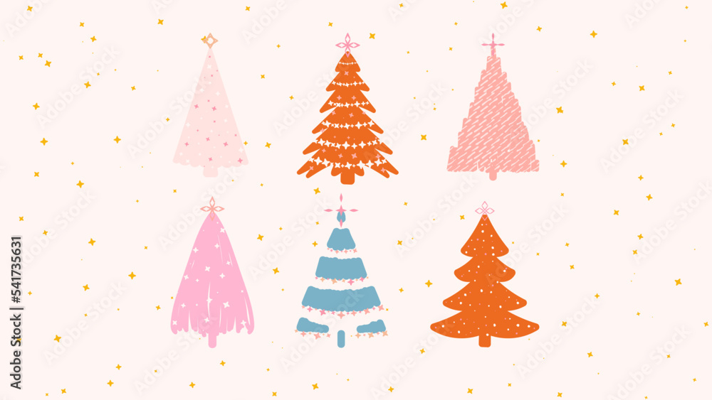 Vector set of Ornate Trendy Christmas Trees, Hand Drawn Elements for Social Media and Web Design.	