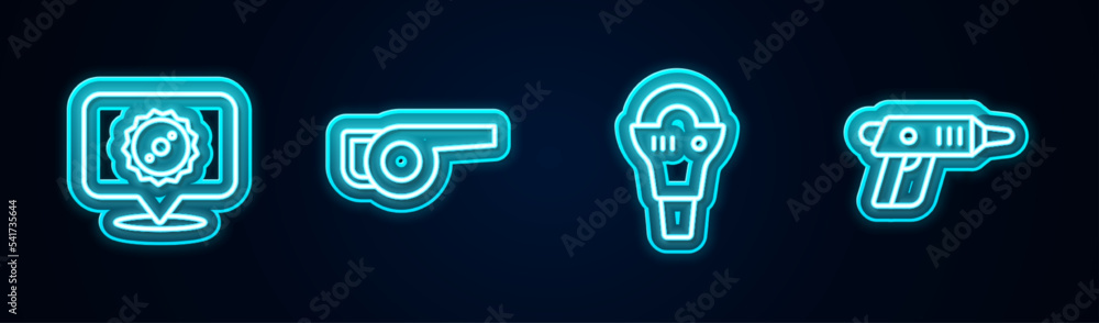 Set line Circular saw blade, Leaf garden blower, Angle grinder and Electric cordless screwdriver. Glowing neon icon. Vector Set line Circular saw blade, Leaf garden blower, Angle grinder and Electric cordless screwdriver. Glowing neon icon. Vector