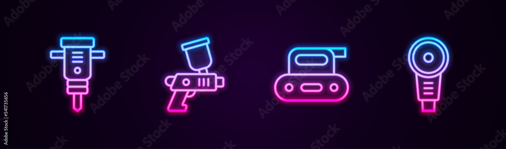 Set line Construction jackhammer, Paint spray gun, Electric planer tool and Angle grinder. Glowing neon icon. Vector Set line Construction jackhammer, Paint spray gun, Electric planer tool and Angle grinder. Glowing neon icon. Vector