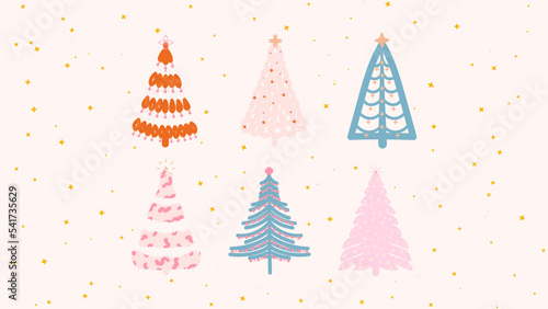 Vector set of Ornate Trendy Christmas Trees, Hand Drawn Elements for Social Media and Web Design. © Yanzar
