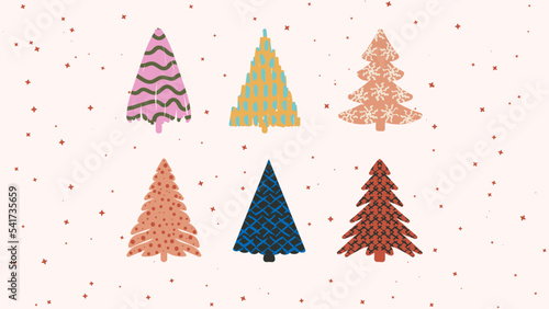 Vector set of Ornate Trendy Christmas Trees, Hand Drawn Elements for Social Media and Web Design. 