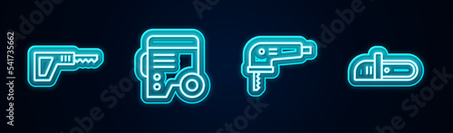 Set line Reciprocating saw, Power electric generator, Electric jigsaw and Chainsaw. Glowing neon icon. Vector