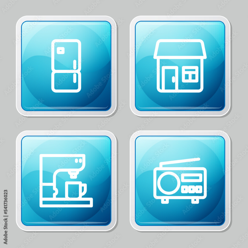 Set line Refrigerator, House, Coffee machine and Radio icon. Vector Set line Refrigerator, House, Coffee machine and Radio icon. Vector