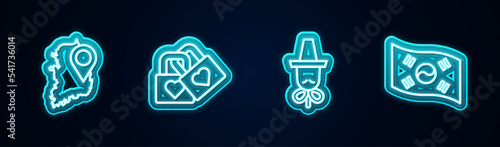 Set line South Korea map, Lock with heart, Korean hat and flag. Glowing neon icon. Vector