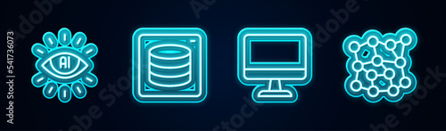 Set line Artificial intelligence AI, Server, Data, Computer monitor and Neural network. Glowing neon icon. Vector