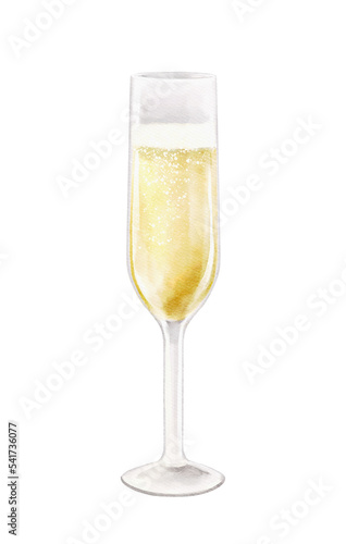 Watercolor vintage cold fancy Christmas drink champagne bubbling and fizzing in glass isolated on white background. Hand drawn illustration sketch
