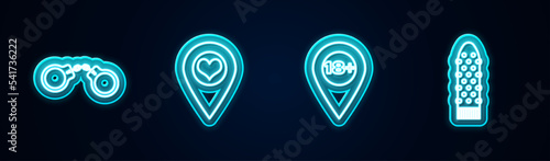 Set line Handcuffs, Location with heart, 18 plus and Dildo vibrator. Glowing neon icon. Vector