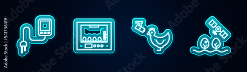 Set line Sensor, Incubator for eggs, Chicken farm and camera and Smart with drone. Glowing neon icon. Vector