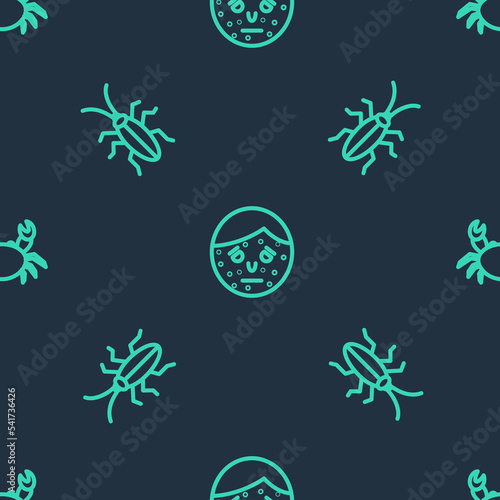 Set line Face with psoriasis or eczema, Cockroach and Crab on seamless pattern. Vector