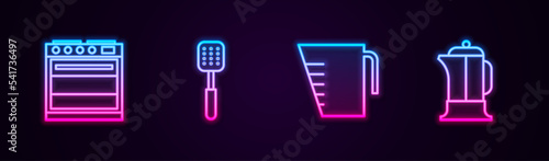 Set line Oven, Spatula, Measuring cup and French press. Glowing neon icon. Vector