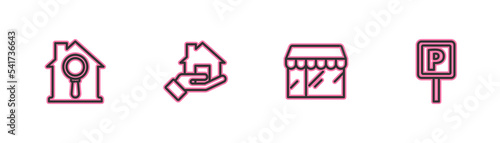 Set line Search house, Market store, Realtor and Parking icon. Vector