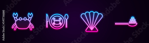 Set line Crab, Served crab on plate, Scallop sea shell and Caviar spoon. Glowing neon icon. Vector