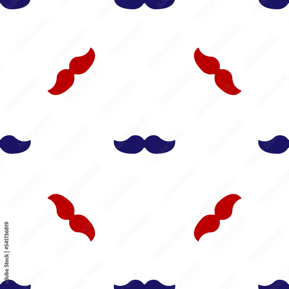 Fototapeta premium Blue and red Mustache icon isolated seamless pattern on white background. Barbershop symbol. Facial hair style. Vector Illustration
