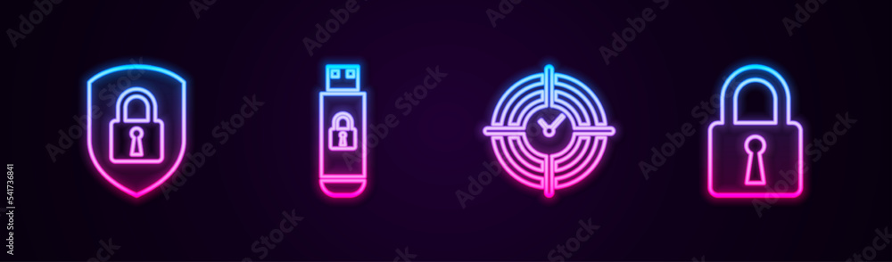 Set line Shield security with lock, USB flash drive, Time Management and Lock. Glowing neon icon. Vector Set line Shield security with lock, USB flash drive, Time Management and Lock. Glowing neon icon. Vector