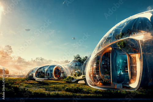 Fotografering Space expansion concept of human settlement in alien world with green plant as proof of life in space