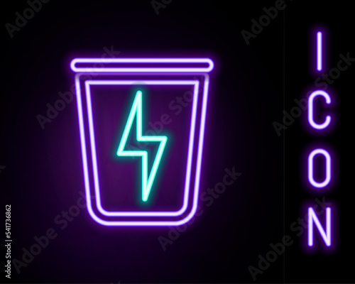 Glowing neon line Lightning with trash can icon isolated on black background. Waste to energy. Garbage bin sign. Recycle basket sign. Colorful outline concept. Vector