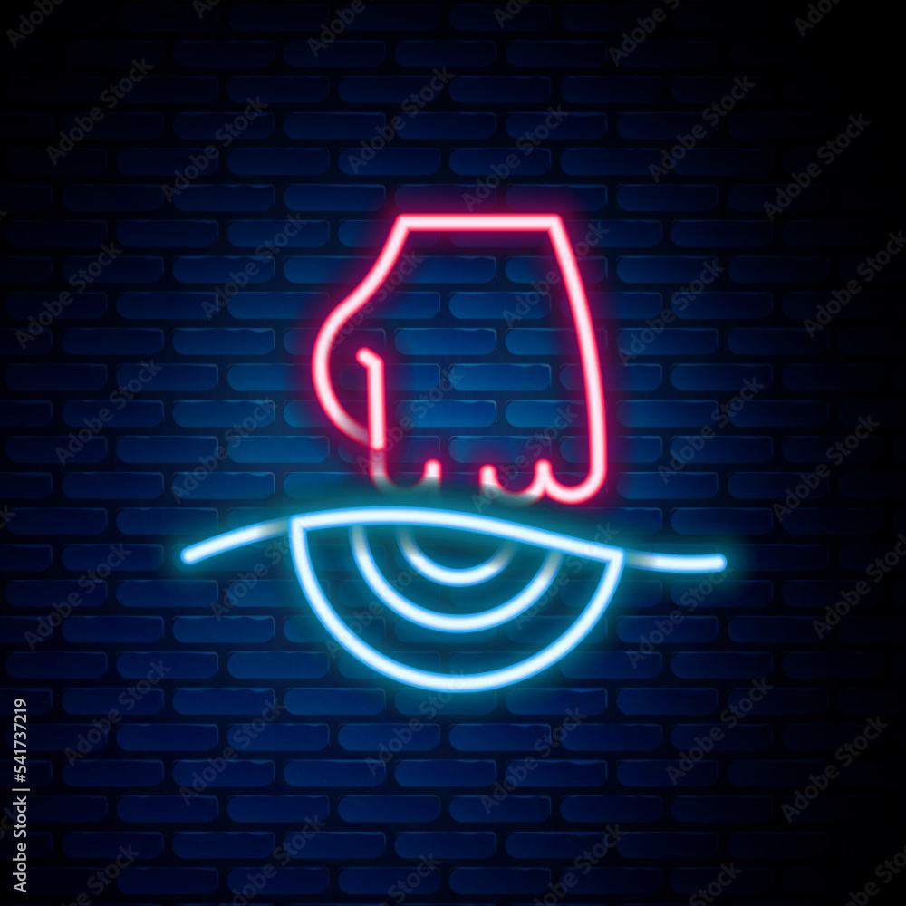 Glowing neon line Massage icon isolated on brick wall background. Relaxing, leisure. Colorful outline concept. Vector Glowing neon line Massage icon isolated on brick wall background. Relaxing, leisure. Colorful outline concept. Vector