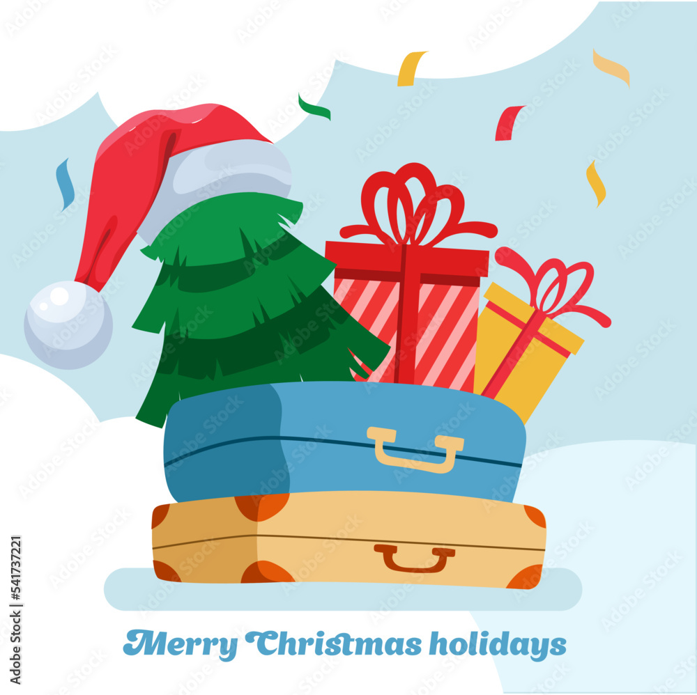 Merry Christmas holidays greeting card. Vector illustration in flat cartoon style.