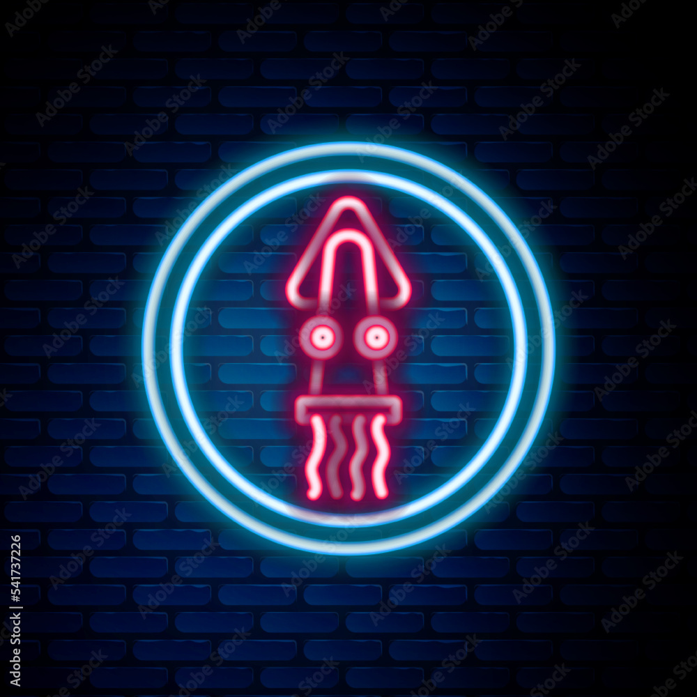 Glowing neon line Octopus on a plate icon isolated on brick wall background. Colorful outline concept. Vector Glowing neon line Octopus on a plate icon isolated on brick wall background. Colorful outline concept. Vector
