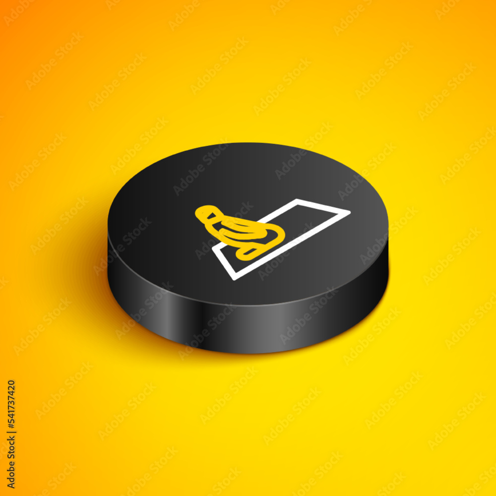 Isometric line Muslim man prays on the carpet icon isolated on yellow background. Black circle button. Vector Isometric line Muslim man prays on the carpet icon isolated on yellow background. Black circle button. Vector