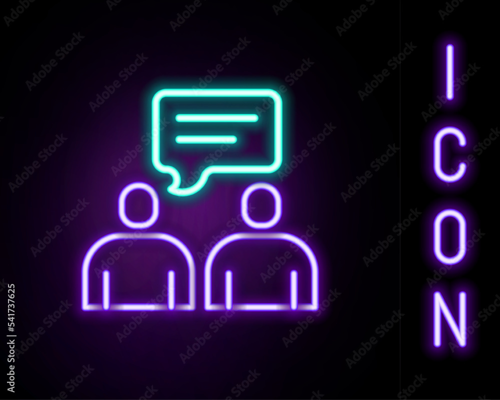 Glowing neon line Two sitting men talking icon isolated on black background. Speech bubble chat. Message icon. Communication or comment chat symbol. Colorful outline concept. Vector Glowing neon line Two sitting men talking icon isolated on black background. Speech bubble chat. Message icon. Communication or comment chat symbol. Colorful outline concept. Vector