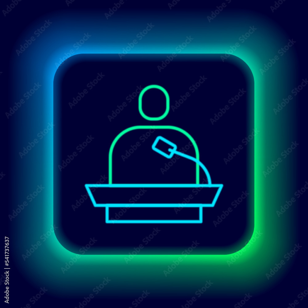 Glowing neon line Gives lecture icon isolated on black background. Stand near podium. Speak into microphone. The speaker lectures and gestures. Colorful outline concept. Vector Glowing neon line Gives lecture icon isolated on black background. Stand near podium. Speak into microphone. The speaker lectures and gestures. Colorful outline concept. Vector