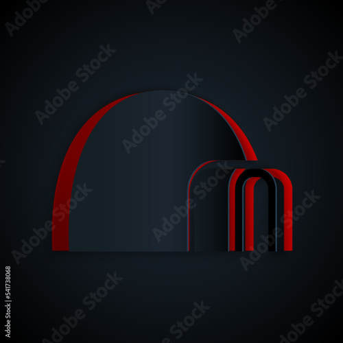Paper cut Igloo ice house icon isolated on black background. Snow home, Eskimo dome-shaped hut winter shelter, made of blocks. Paper art style. Vector