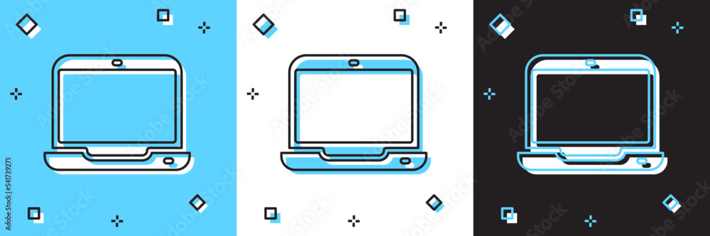 Set Laptop icon isolated on blue and white, black background. Computer notebook with empty screen sign. Vector Set Laptop icon isolated on blue and white, black background. Computer notebook with empty screen sign. Vector