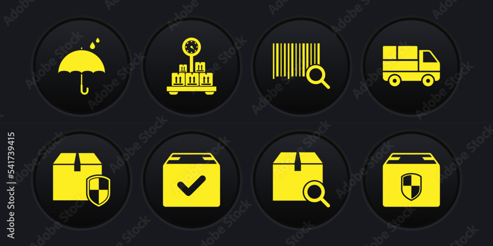 Set Delivery box security shield, truck with boxes, Package check mark, Search package, barcode, Scale cardboard, and Umbrella and rain drops icon. Vector Set Delivery box security shield, truck with boxes, Package check mark, Search package, barcode, Scale cardboard, and Umbrella and rain drops icon. Vector