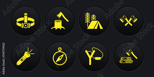 Set Flashlight, Crossed wooden axe, Compass, Slingshot, Tourist tent, Wooden stump, and and Head flashlight icon. Vector