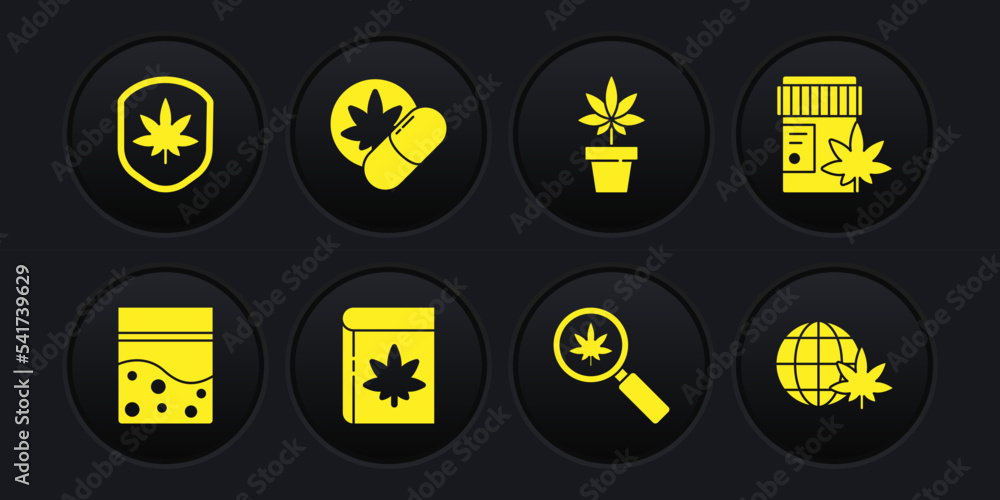 Set Plastic bag of cannabis, Medical bottle with marijuana, Book and or, Magnifying glass, Marijuana plant, Herbal ecstasy tablets, Legalize globe and Shield leaf icon. Vector Set Plastic bag of cannabis, Medical bottle with marijuana, Book and or, Magnifying glass, Marijuana plant, Herbal ecstasy tablets, Legalize globe and Shield leaf icon. Vector